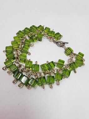Green Glass Cube Beaded Bracelet Toggle Clasp Chunky Statement Small Wrist